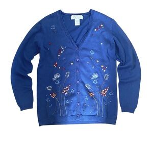Petite Sophisticate Knit Cardigan Size SP‎ Blue Embroidered Flowers Butterflies